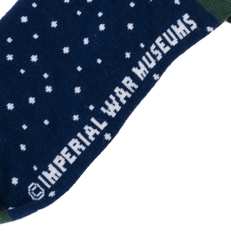 santa in a spitfire 2021 christmas socks design detail blue and green imperial war museums